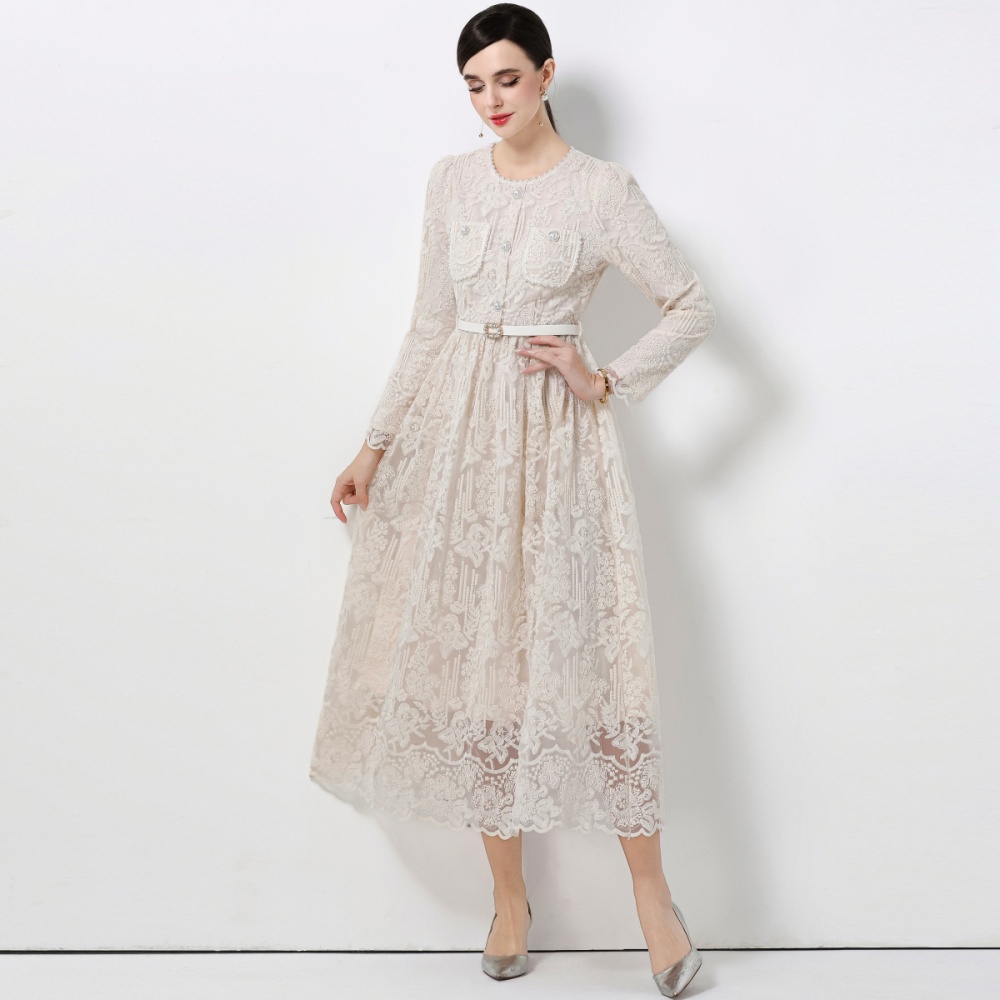 Lace France style long sleeve with belt dress