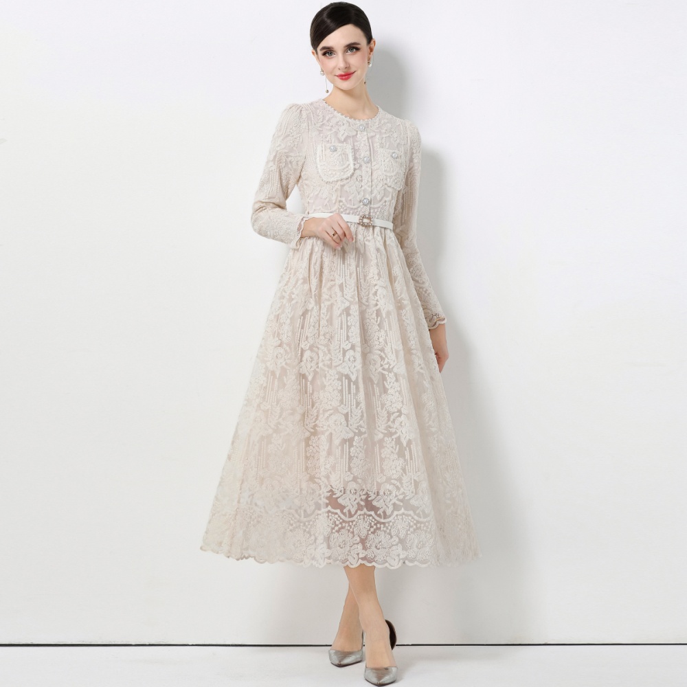 Lace France style long sleeve with belt dress