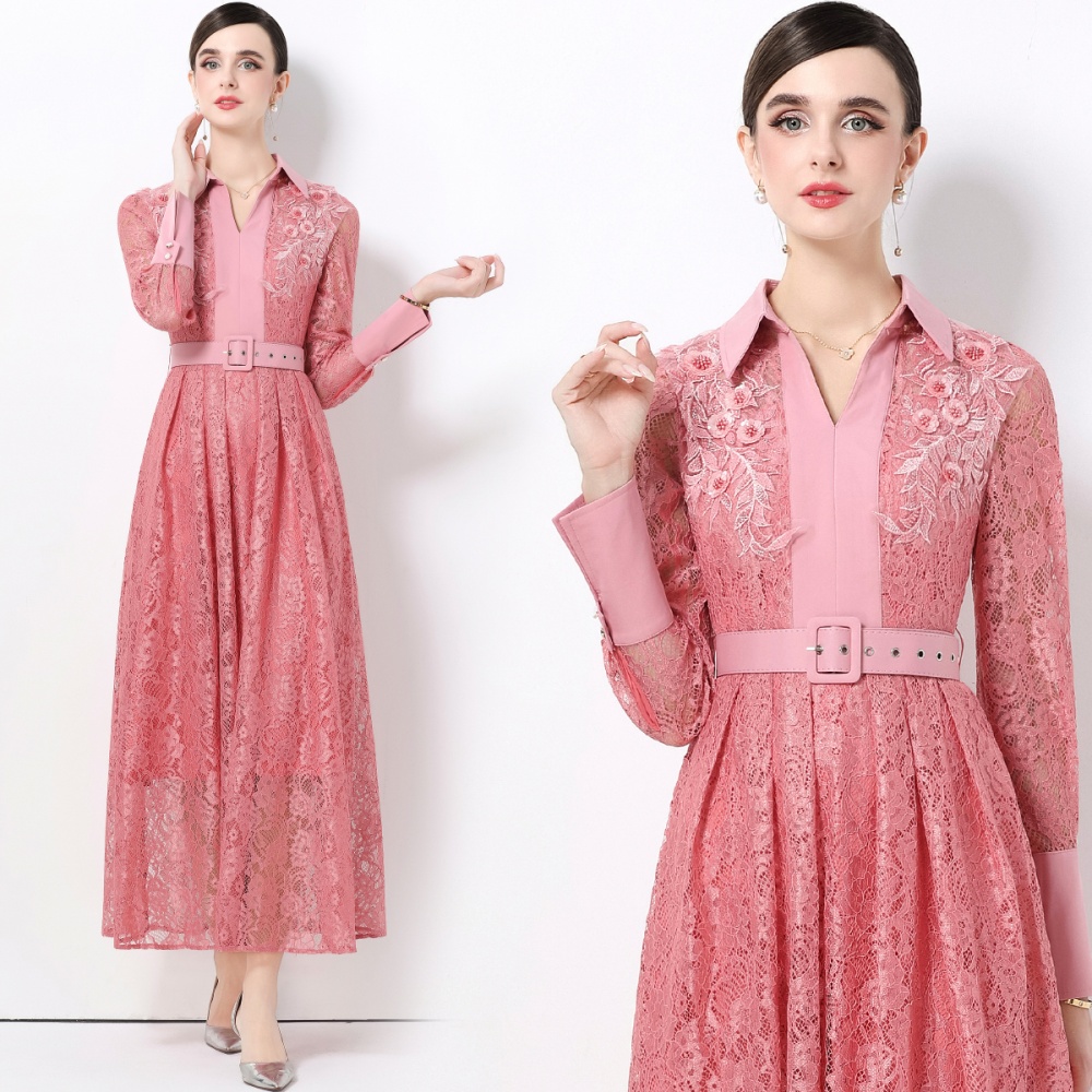 Light luxury long sleeve with belt France style slim dress