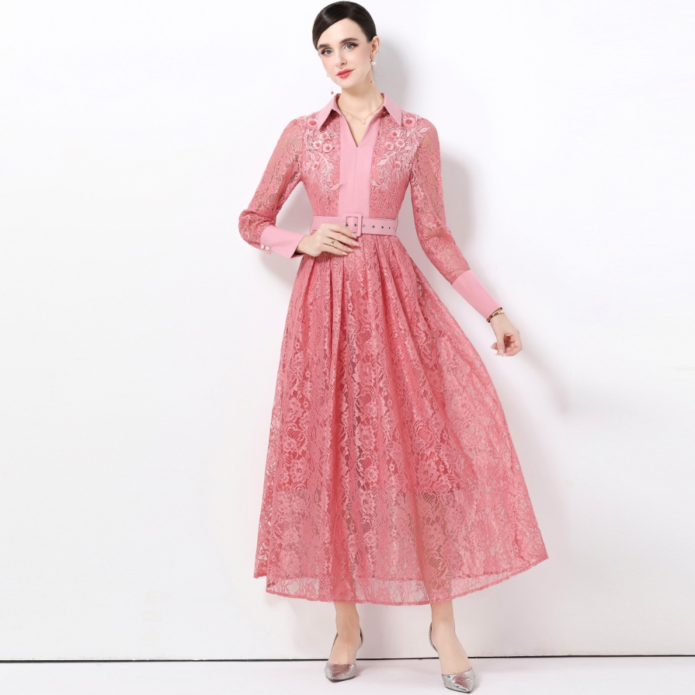 Light luxury long sleeve with belt France style slim dress