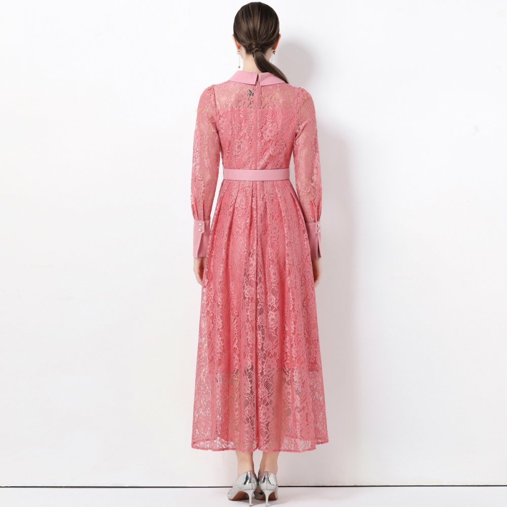 Light luxury long sleeve with belt France style slim dress