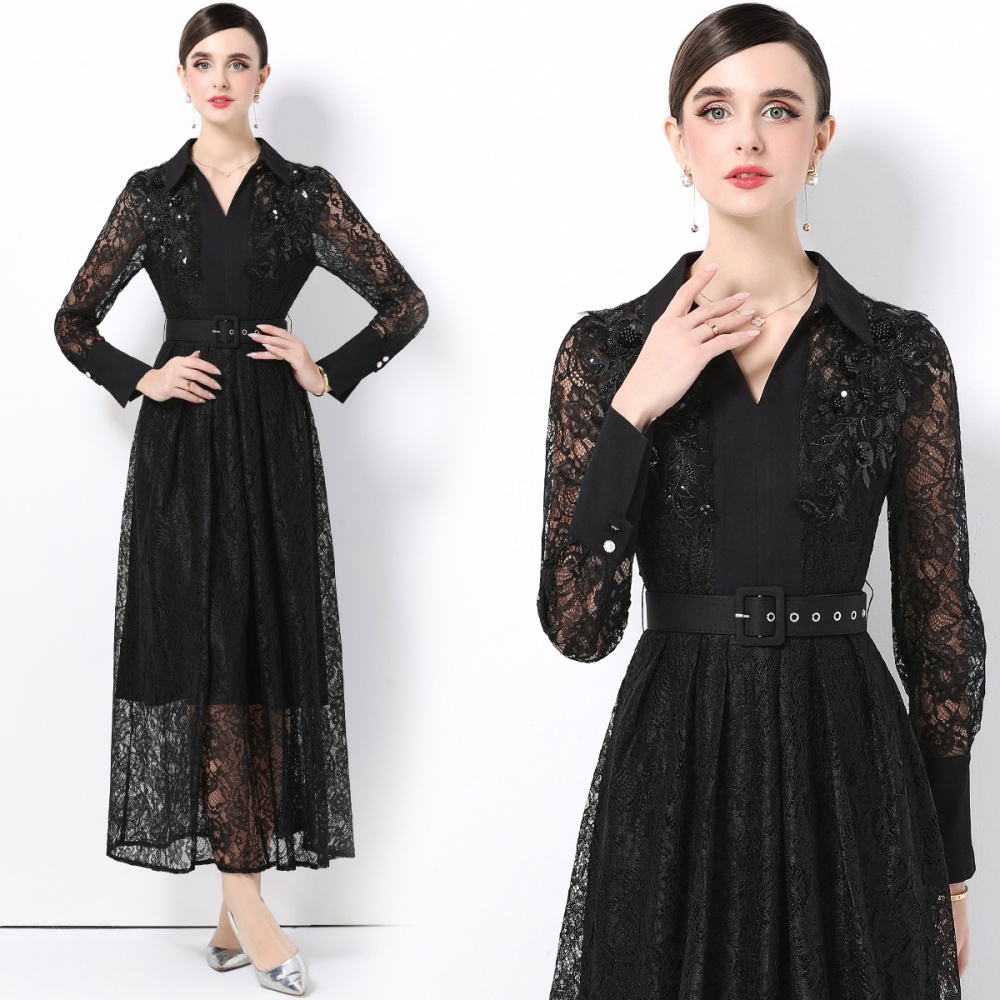 Slim with belt lace long sleeve France style dress