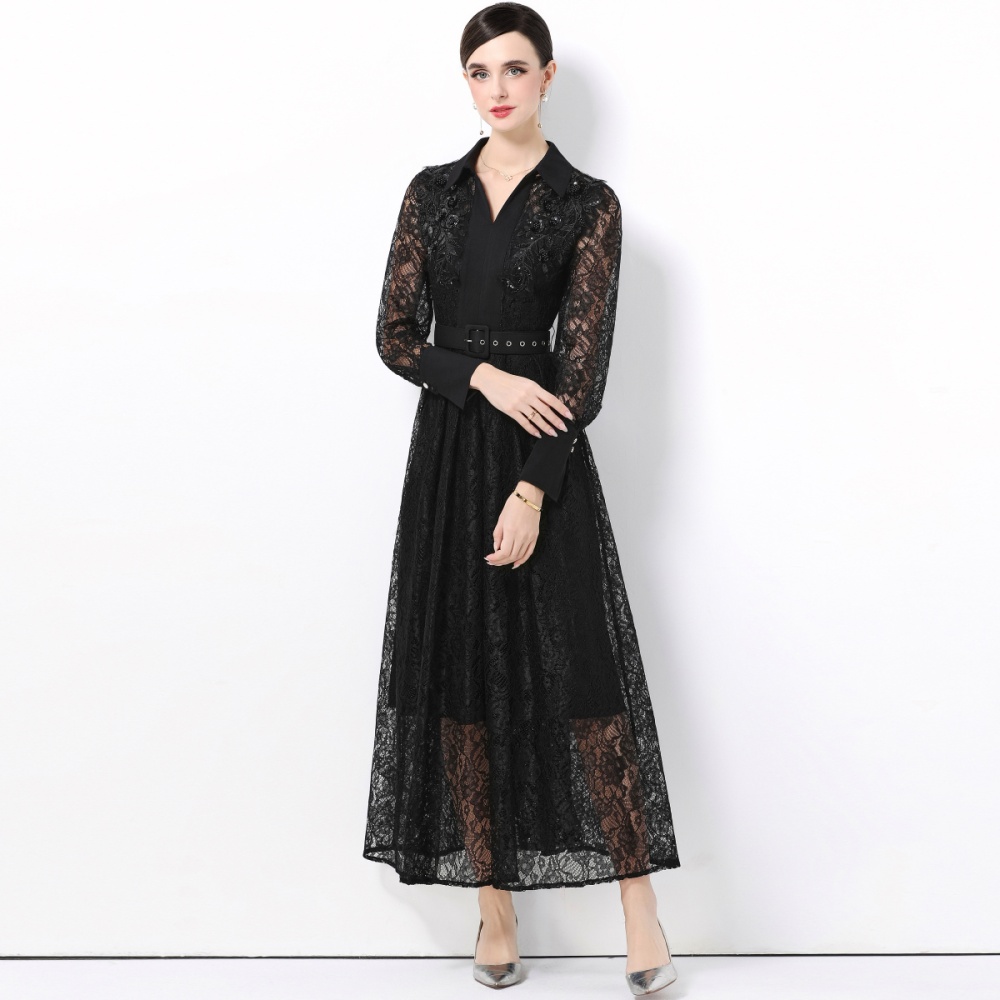 Slim with belt lace long sleeve France style dress
