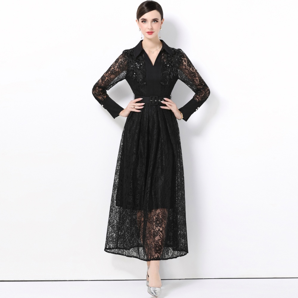 Slim with belt lace long sleeve France style dress