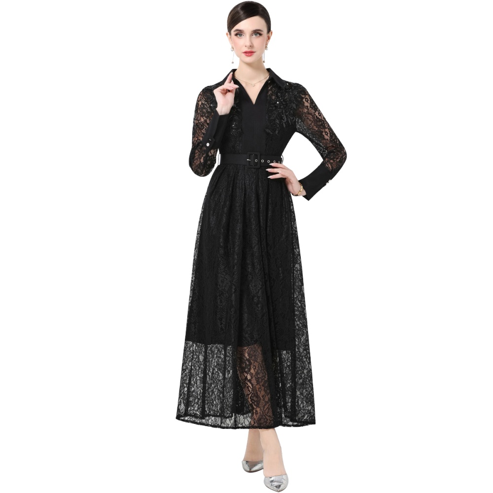 Slim with belt lace long sleeve France style dress
