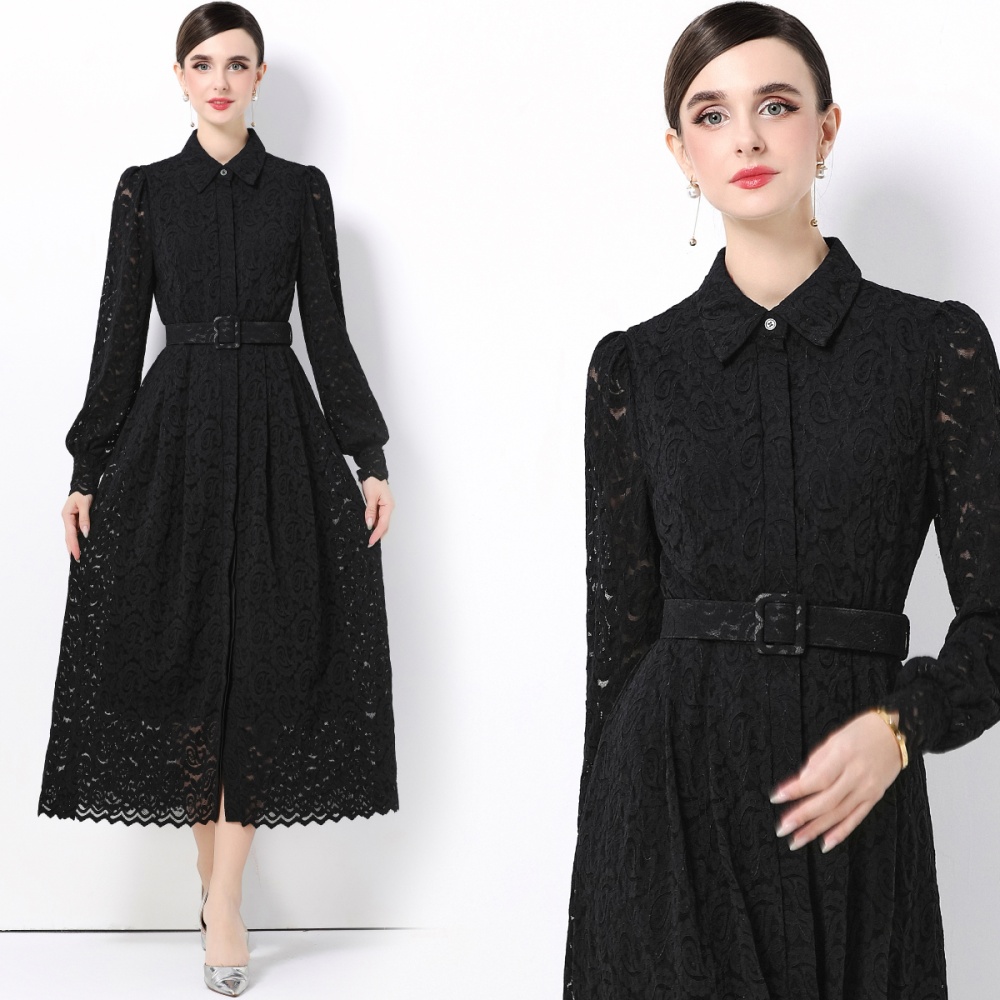 With belt lace dress temperament long dress for women