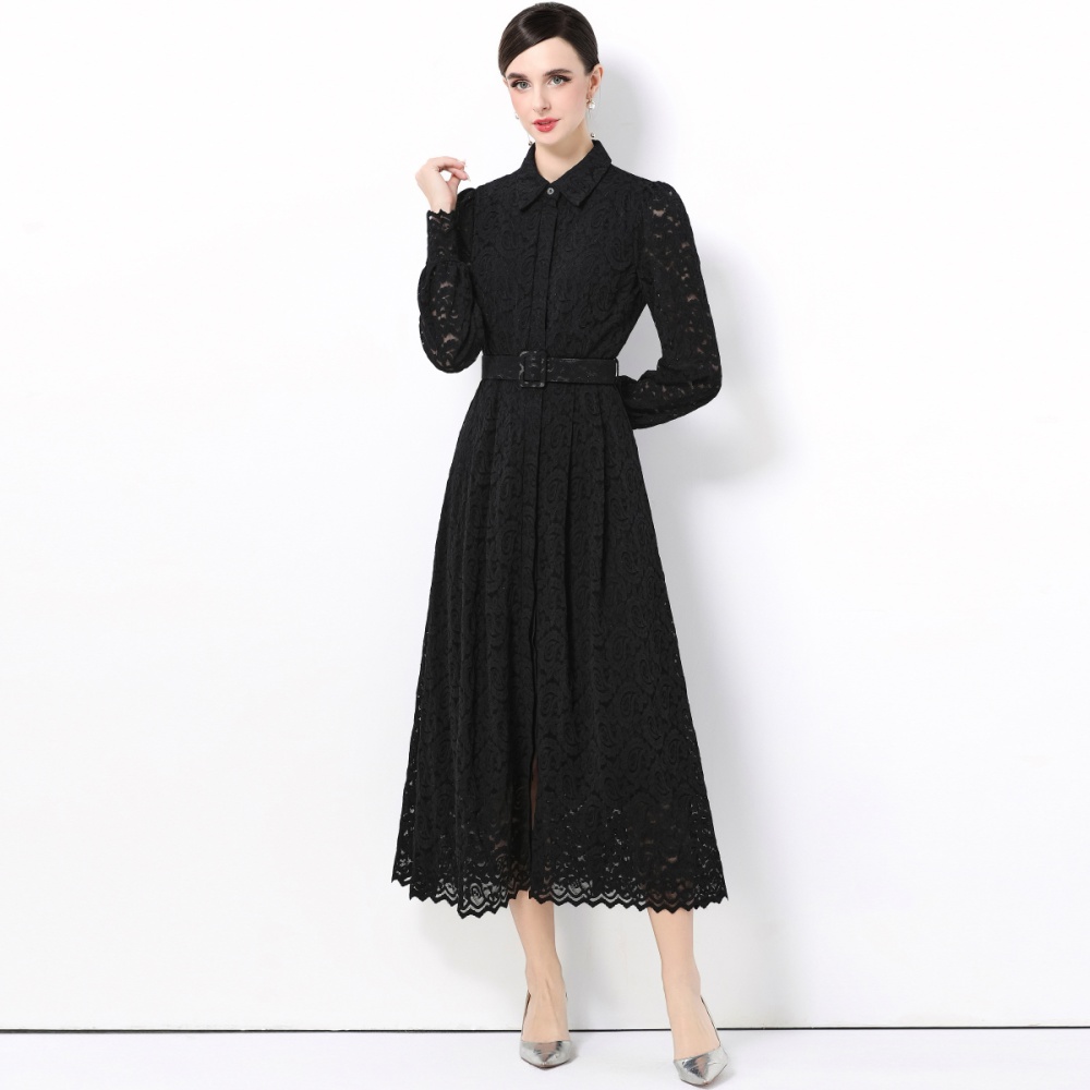 With belt lace dress temperament long dress for women