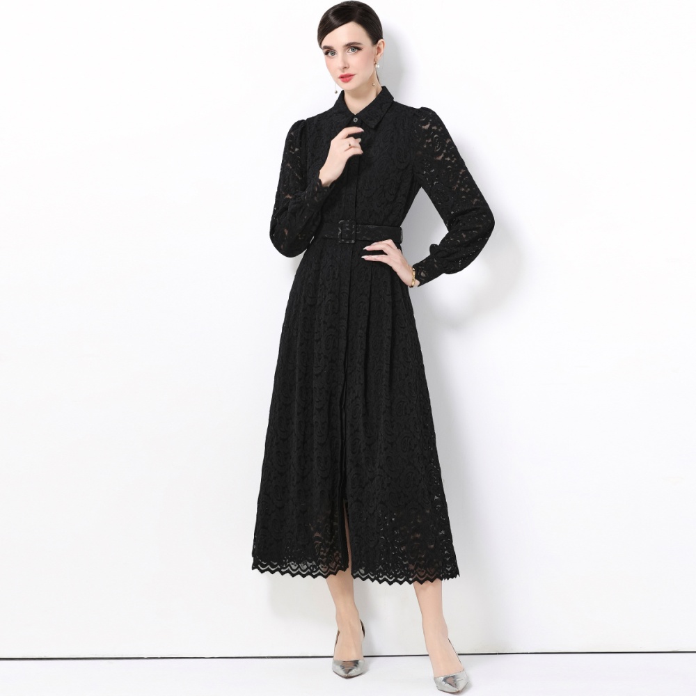 With belt lace dress temperament long dress for women