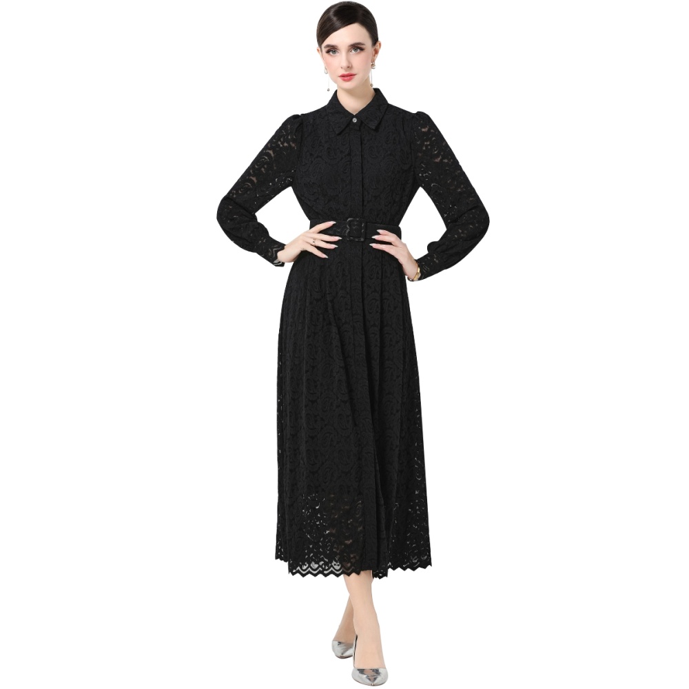 With belt lace dress temperament long dress for women