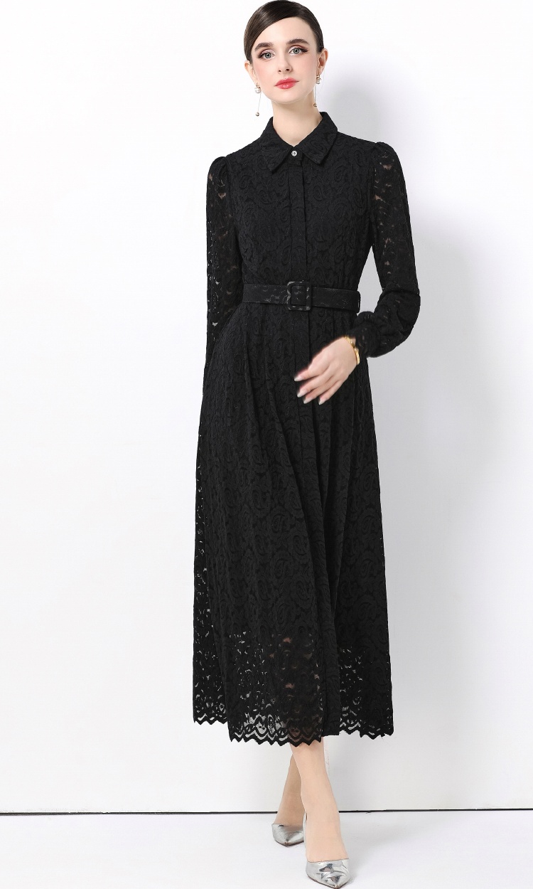 With belt lace dress temperament long dress for women