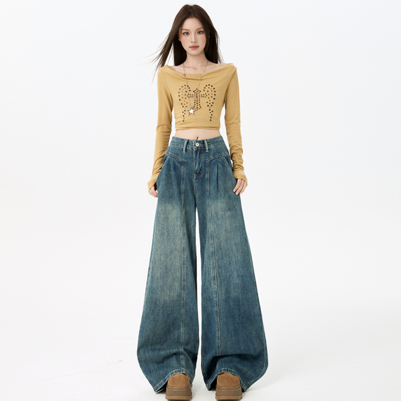 Wide leg retro long pants high waist jeans for women