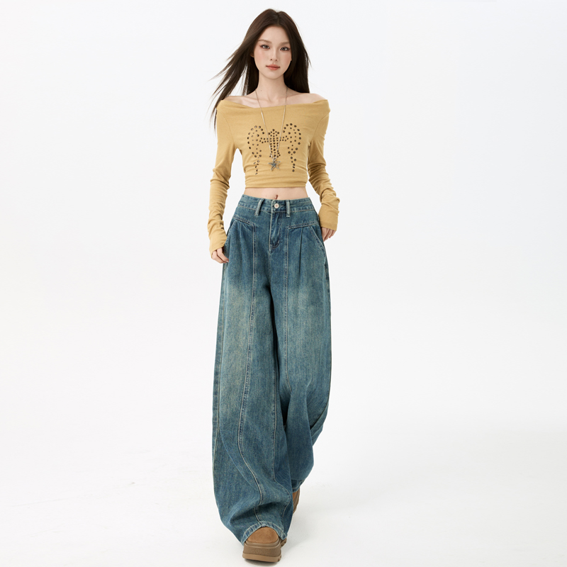 Wide leg retro long pants high waist jeans for women