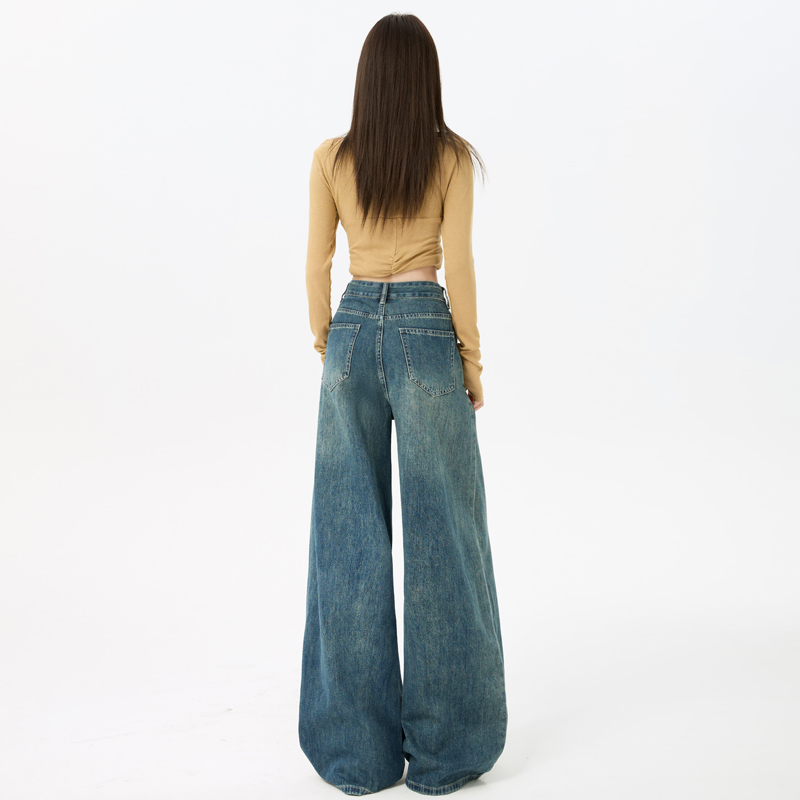 Wide leg retro long pants high waist jeans for women