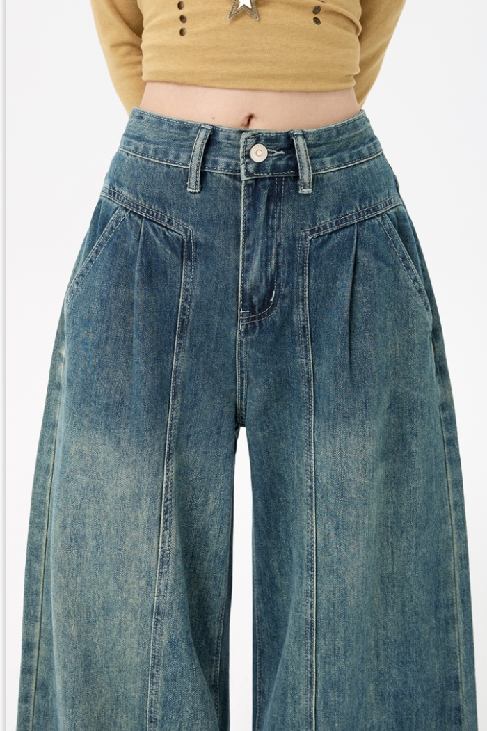 Wide leg retro long pants high waist jeans for women