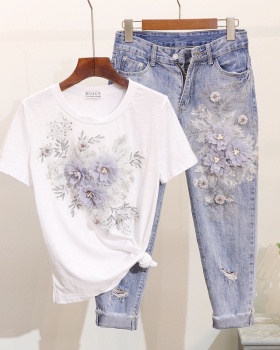 Short sleeve jeans stereoscopic T-shirt a set for women