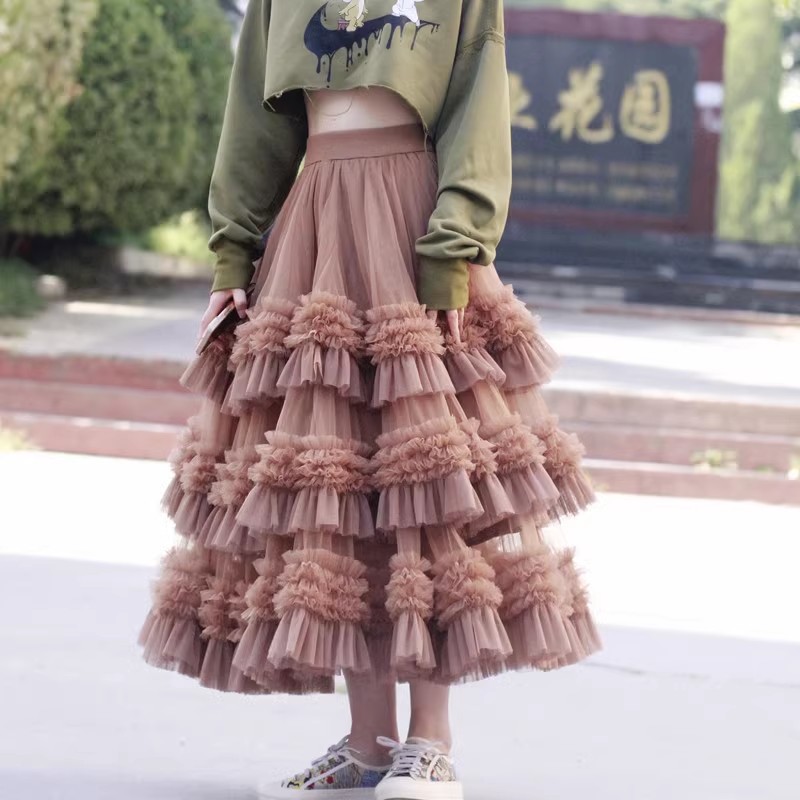 Long mixed colors gauze high waist skirt for women
