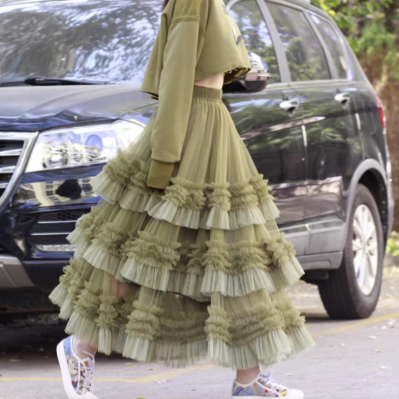 Long mixed colors gauze high waist skirt for women