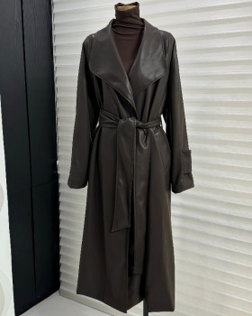 Large lapel overcoat temperament leather coat for women