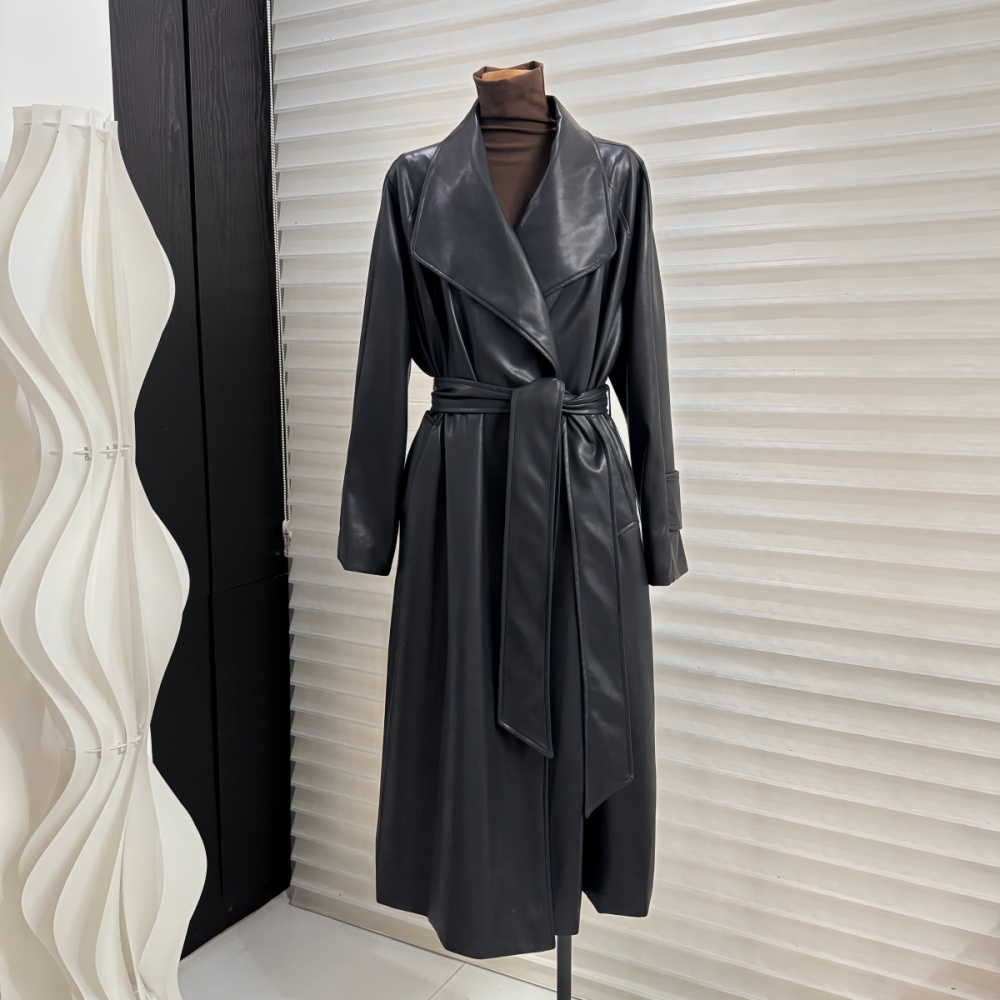 Large lapel overcoat temperament leather coat for women