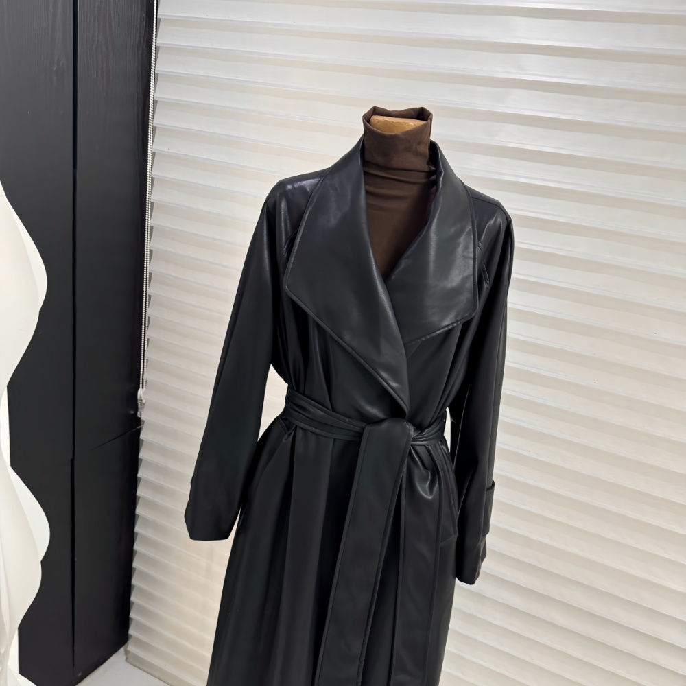 Large lapel overcoat temperament leather coat for women