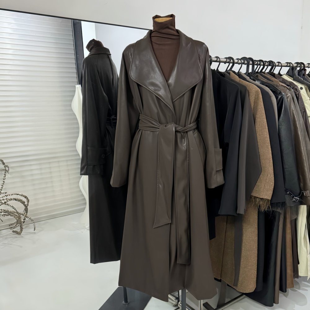 Large lapel overcoat temperament leather coat for women