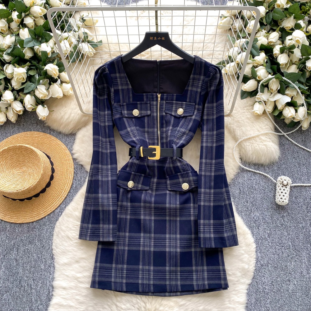 France style metal buckles plaid fashion dress for women