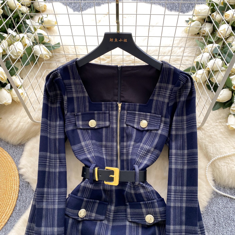 France style metal buckles plaid fashion dress for women