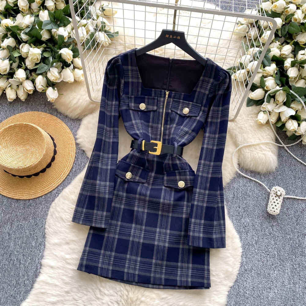 France style metal buckles plaid fashion dress for women