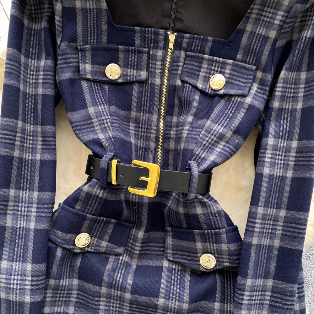 France style metal buckles plaid fashion dress for women