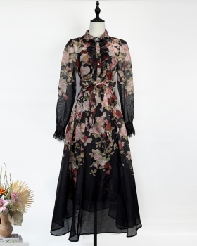 Vacation rhinestone lace pinched waist lapel dress