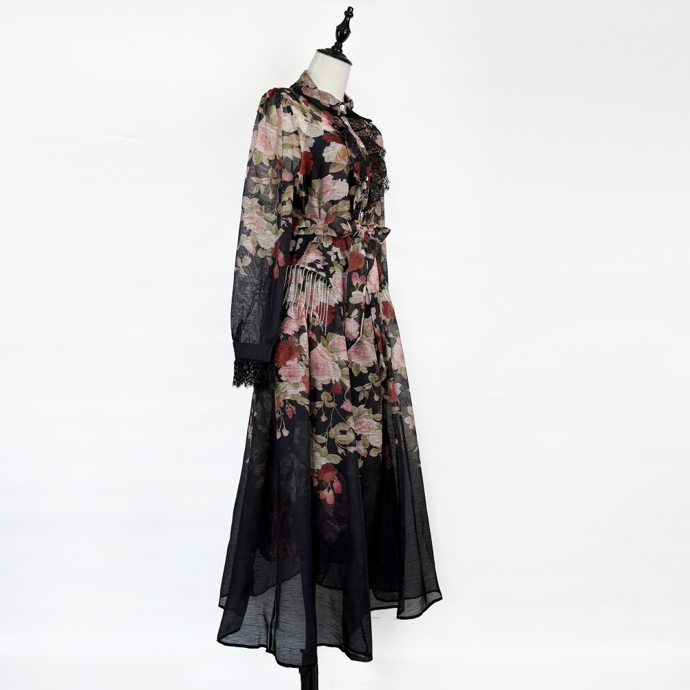 Vacation rhinestone lace pinched waist lapel dress