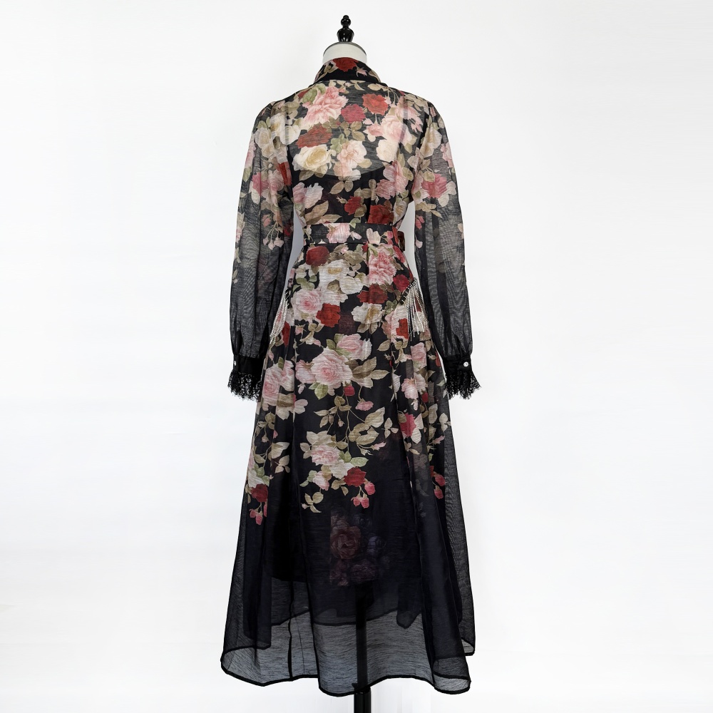 Vacation rhinestone lace pinched waist lapel dress