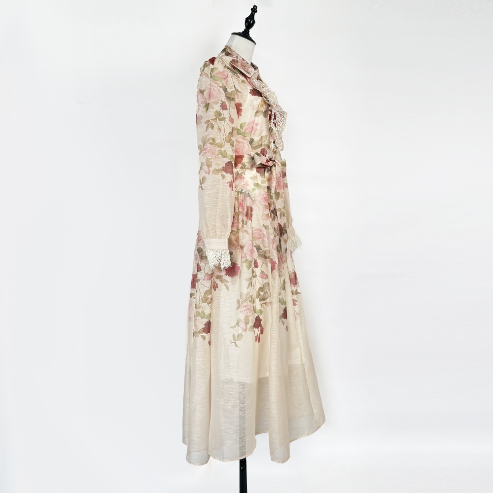 Vacation rhinestone lace pinched waist lapel dress