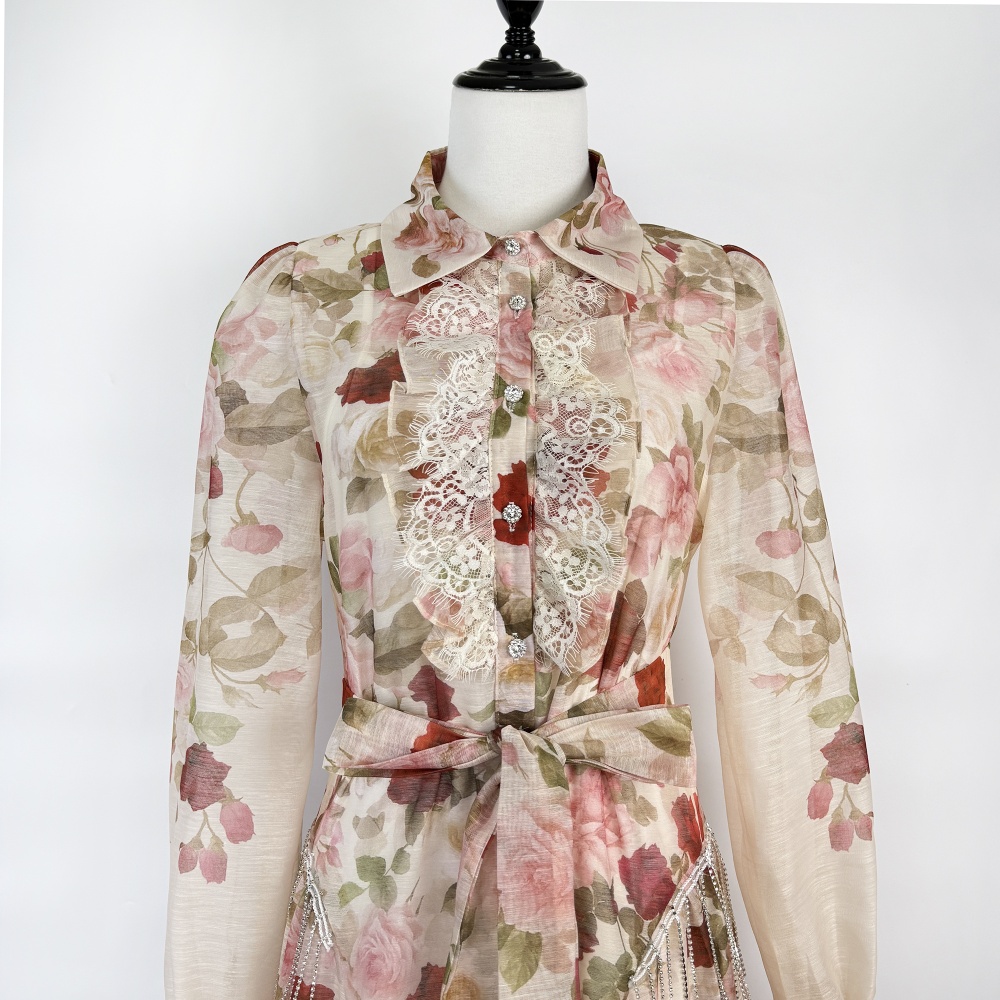 Vacation rhinestone lace pinched waist lapel dress