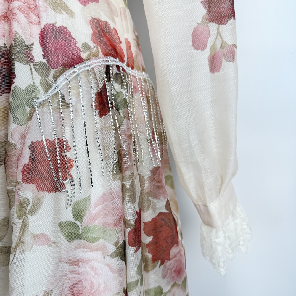 Vacation rhinestone lace pinched waist lapel dress