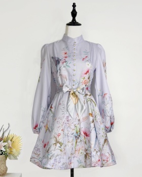 Colors long sleeve blue scarves printing pinched waist shirt