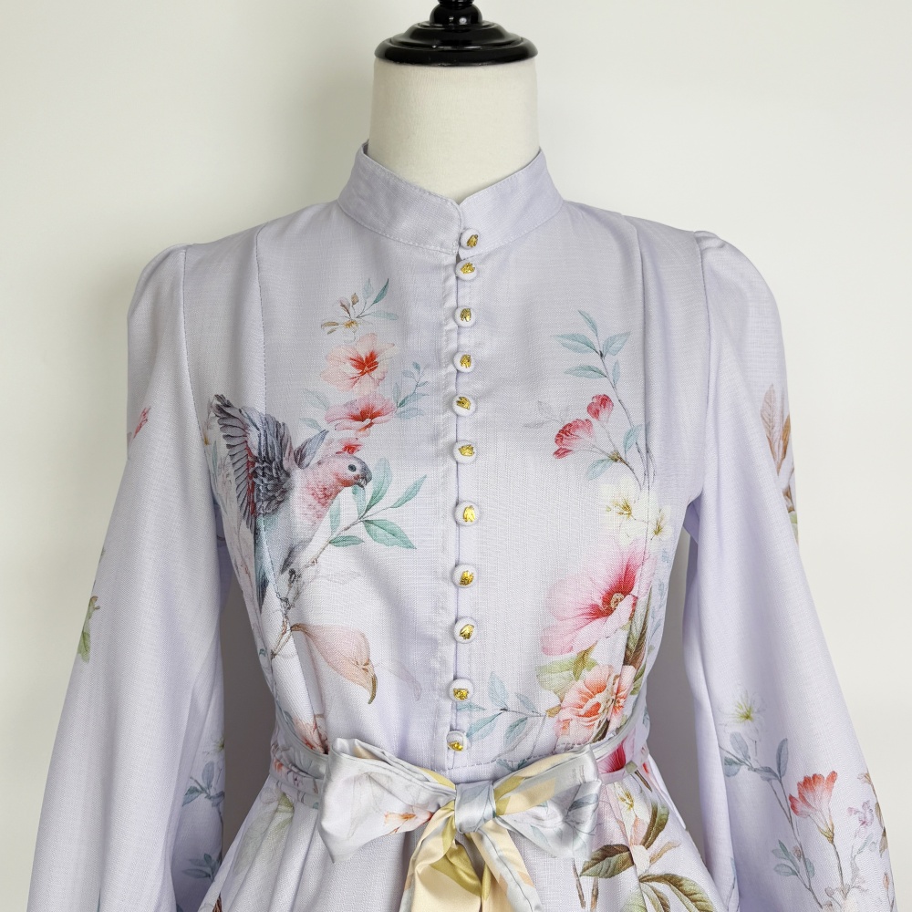 Colors long sleeve blue scarves printing pinched waist shirt