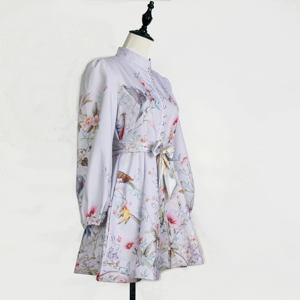 Colors long sleeve blue scarves printing pinched waist shirt