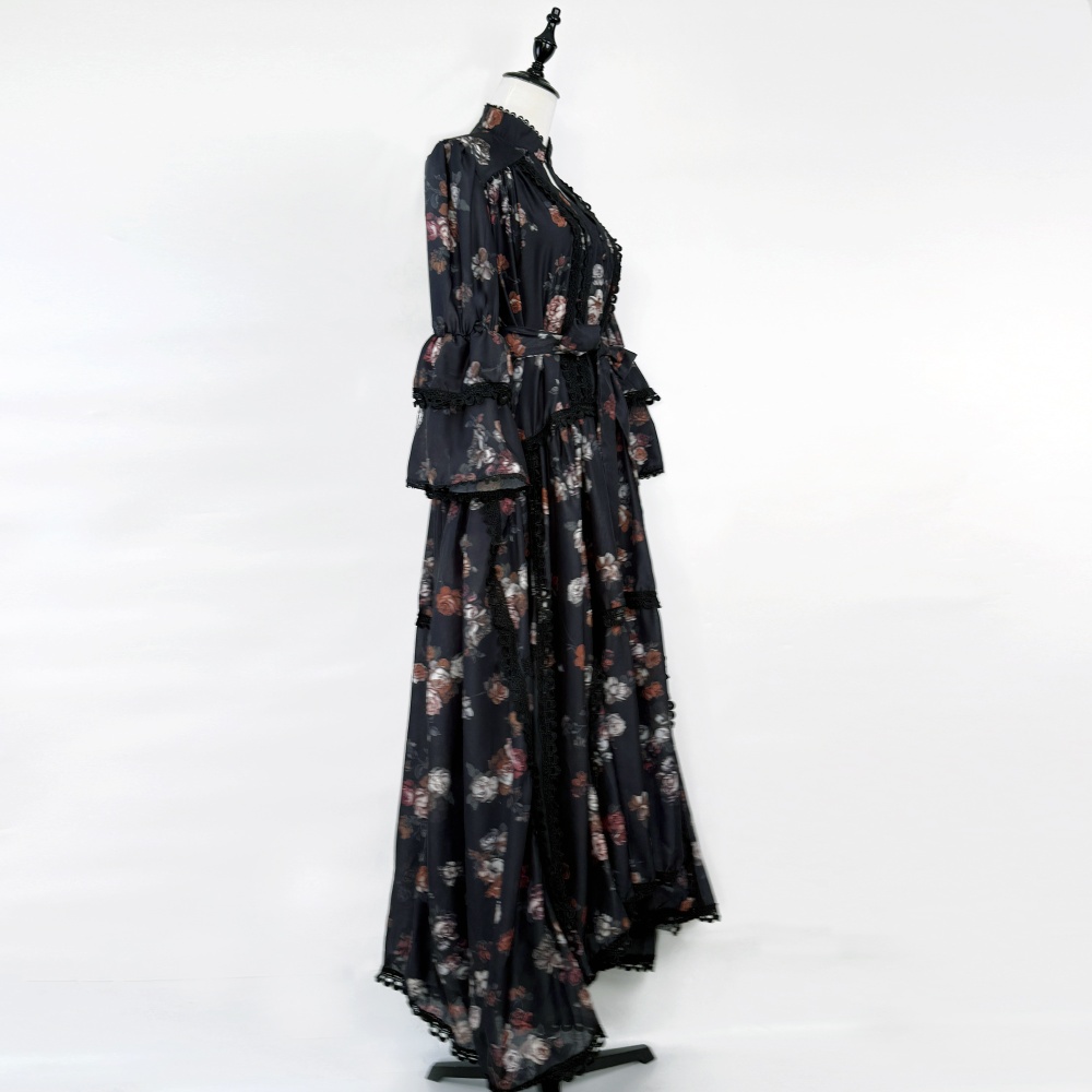 Pinched waist long printing light luxury dress