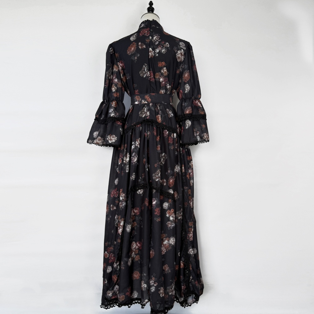 Pinched waist long printing light luxury dress