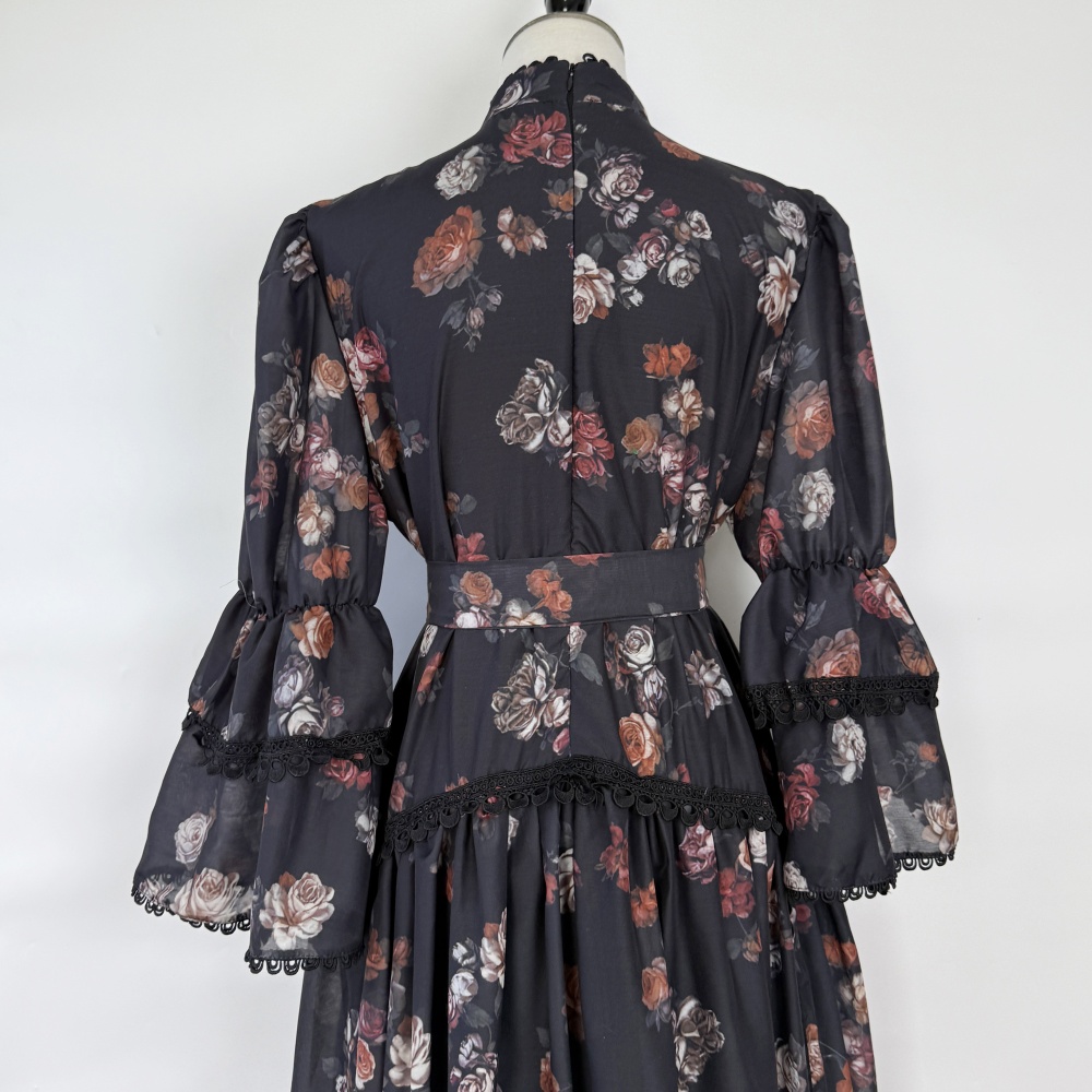 Pinched waist long printing light luxury dress