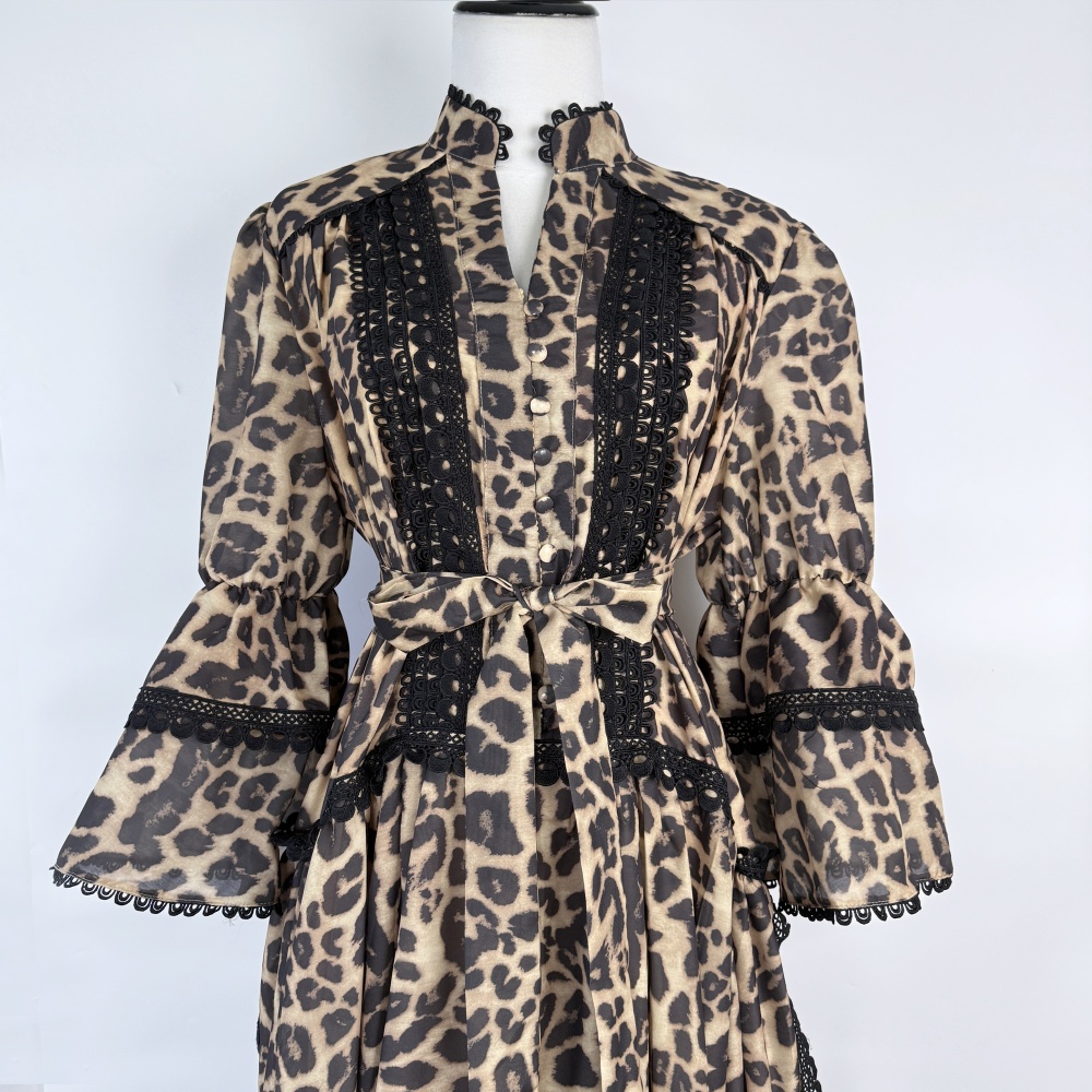 Pinched waist long printing light luxury dress