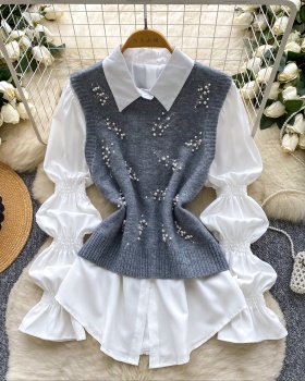 Beading rhinestone waistcoat all-match tops 2pcs set