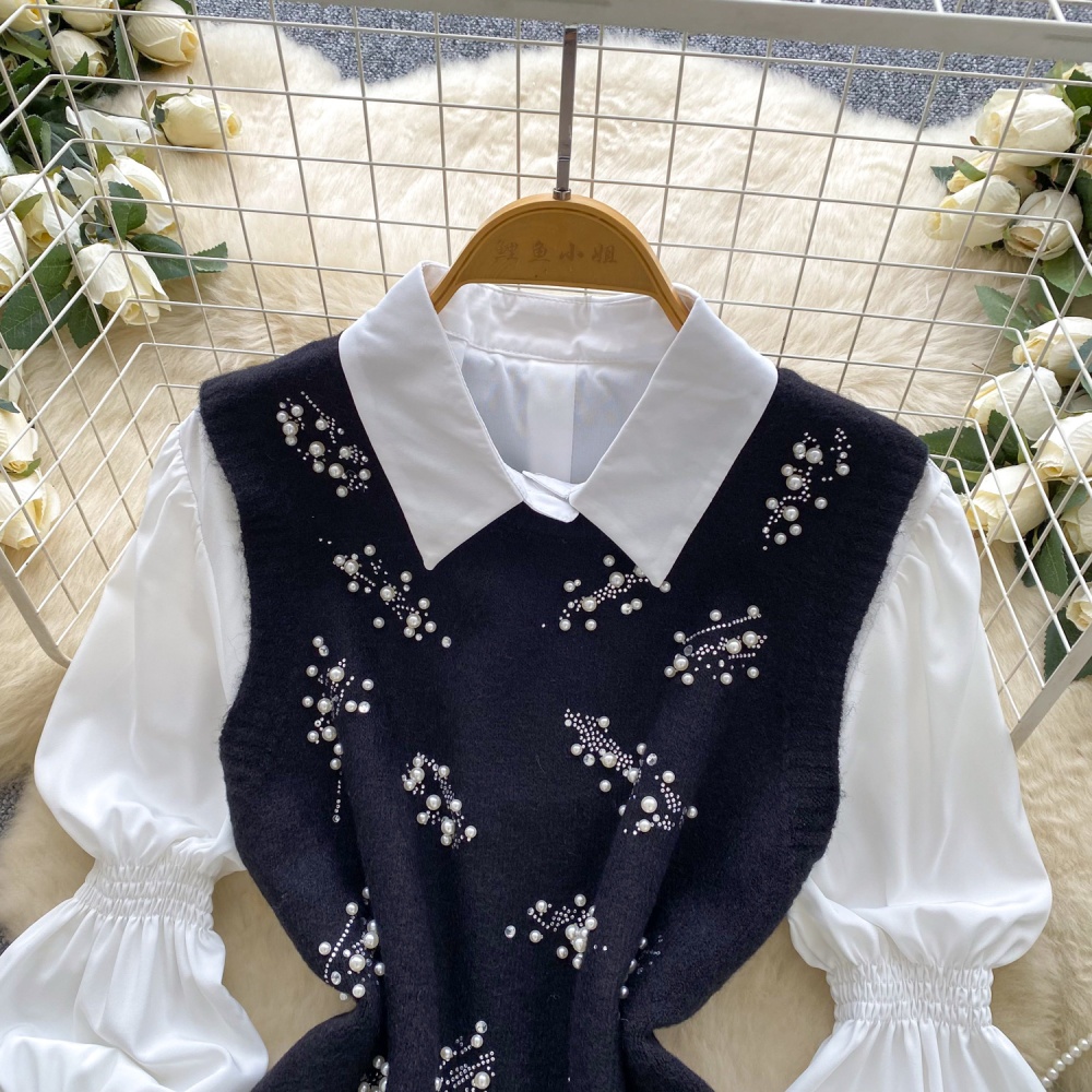 Beading rhinestone waistcoat all-match tops 2pcs set