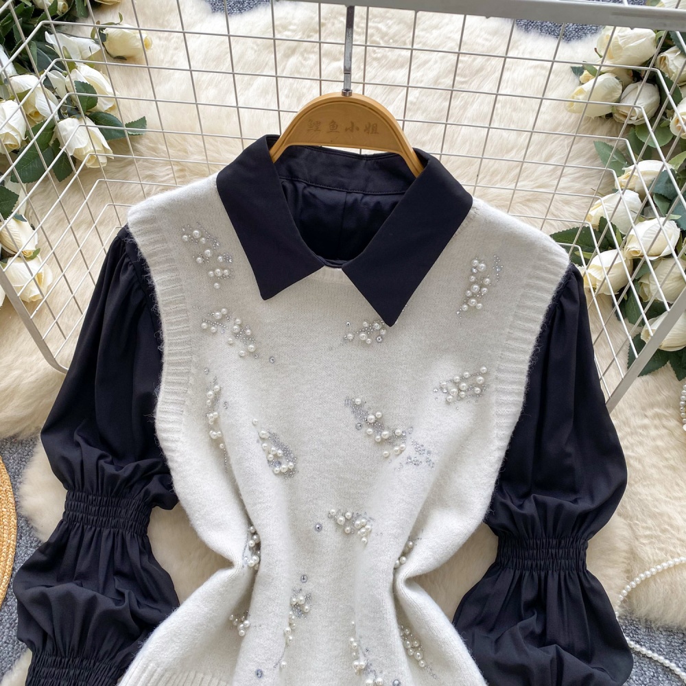 Beading rhinestone waistcoat all-match tops 2pcs set