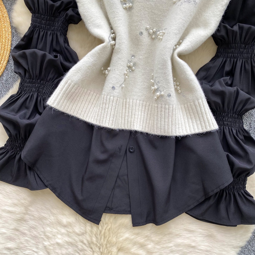 Beading rhinestone waistcoat all-match tops 2pcs set