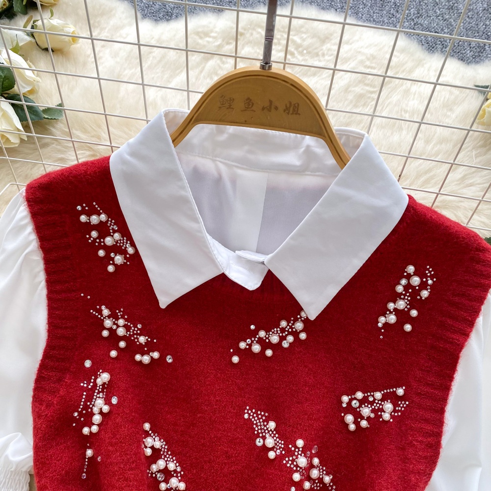 Beading rhinestone waistcoat all-match tops 2pcs set