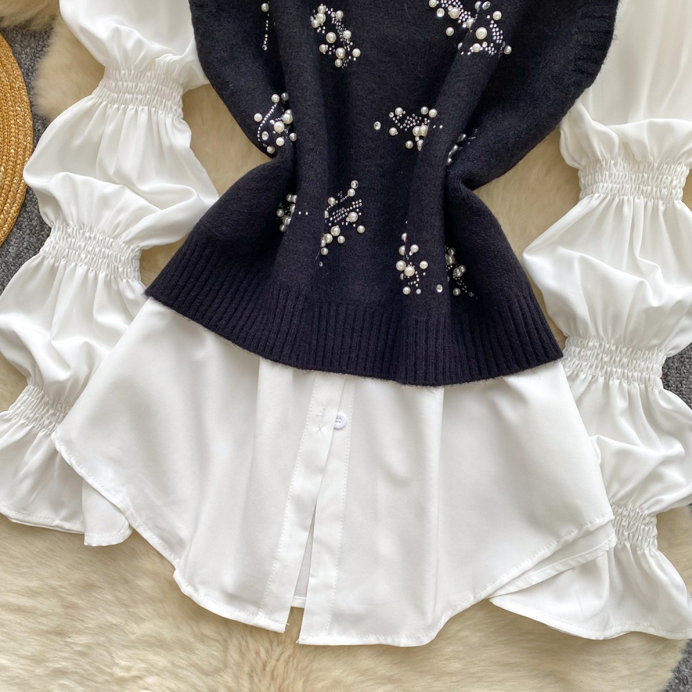 Beading rhinestone waistcoat all-match tops 2pcs set