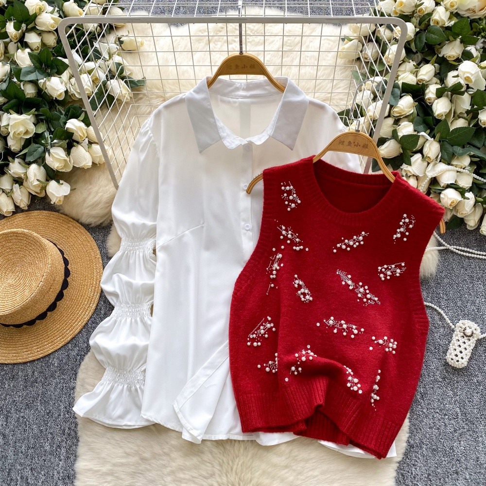 Beading rhinestone waistcoat all-match tops 2pcs set