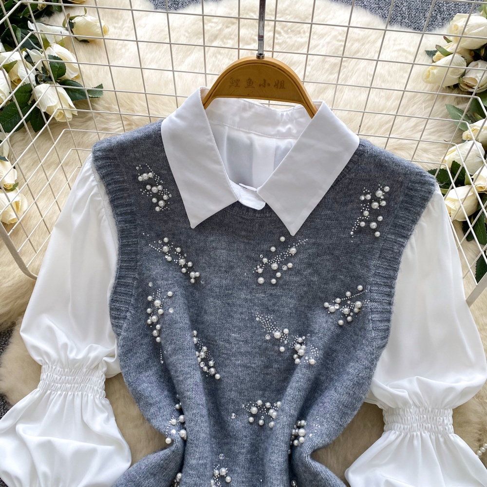 Beading rhinestone waistcoat all-match tops 2pcs set